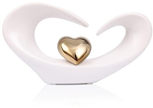 Oliruim Weiß und Gold Dekorative Keramik Herz Skulptur - Kunst Statue für Esszimmer Tisch Mittelstück, Home Office, Arbeitsplatte, Paar Schlafzimmer Dekoration (B-White Gold)