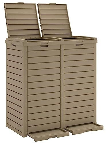vidaXL Poubelle d'Extérieur, Bac à ordures avec Double Couvercle, Poubelle avec 2 Seaux Parc Jardin Terrasse Patio, Marron Clair Polypropylène