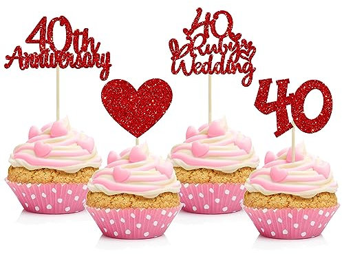 Gyufise 24Pcs 40th Anniversary Cupcake Toppers Heart Cake Toppers Ruby Wedding Anniversary Heart Cake Decoration for 40 Years and Love Celebration Party Supplies