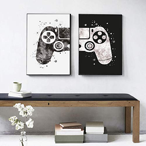 Nero Bianco Gioco Poster Stampa Gamepad Illustrazione Parete Arte Foto Joystick Tela Quadri per Bambini Camera Camera da letto Casa Decorazione 40x60 cmx2 Senza cornice