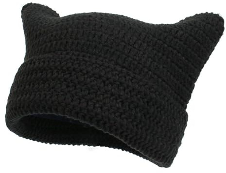 Strickmütze mit Katzenohren für Damen, Y2k-Fuchsmütze, Häkelmütze, Vintage-Wolle, Grunge-Accessoires, passend für die meisten Kopfformen, Wärme und Komfort für drinnen und draußen Schwarz