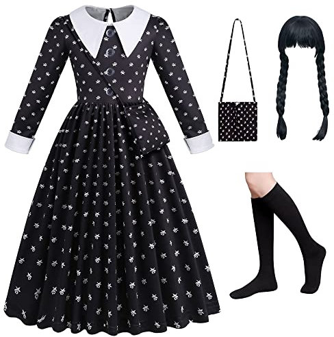 WIOLETA Schwarzer Kostüm Für Mädchen, Schwarzes Kostüm Mit Perücke, Tasche, Socken Für Mädchen Von 4–13 Jahren