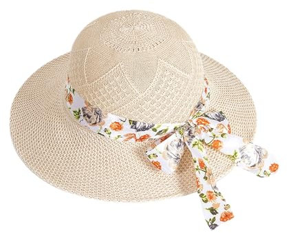 Comforso Chapeau de Soleil en Paille pour Femme Chapeau de Paille Pliable à Large Bord Chapeau de Plage d'été avec Noeud Chapeaux de Soleil pour Dames Voyage en Plein Air Vacances UPF 50+