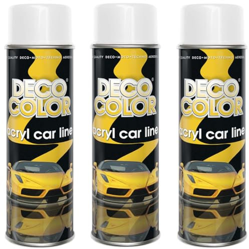 Deco Color 3er Sparpack ACRYL CAR LINE WEISS GLANZ RAL 9010 in 500ml - Lackspray für z.B. KFZ, Auto, Motorrad, Alufelgen, Stahlfelgen uvm. (3 Dosen 500ml Weiss GLANZ)