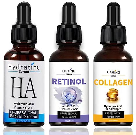 Anti-Falten Serum 3er Pack - Retinol Serum - Collagen Serum Haut mit Feuchtigkeit versorgen - Hyaluronsäure Serum für das Gesicht - Anti Aging Hautpflege für Frauen - Reduziert Feine Linie & beruhigt