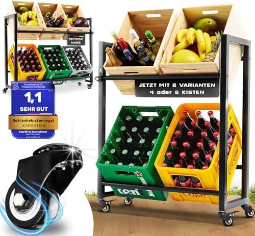 KARASTEIN® Premium Getränkekistenregal für 4 Kisten Schwarz - ideal zum Transportieren und Lagern von Getränkekisten, mit Schwerlastrollen und Flaschenöffner