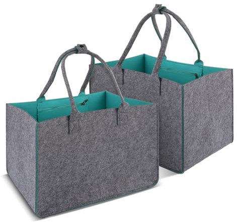 GBACHOOSE 2 Stück Einkaufskorb 30L, Filztaschen Shopper 40x27x27CM, Faltbar Shopping Bag Groß, Praktische Einkaufstasche, Grau/Türkis