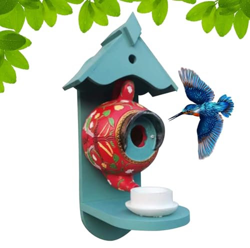 Teekanne Vogelhaus – dekorativer Vogel-Nistkasten | Solar-Vogelfutterspender für den Außenbereich | Hängender Vogelfutterspender für den Außenbereich | bunte dekorative Vogelhäuser niedlicher