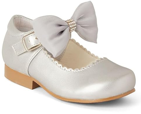 Girls Spanish Style Mary Jane Shoes, Diamanté Bow,Party Wear Silver, Gold, Pink, White or Navy Blue (Silver, UK Footwear Size System, Little Kid, Women, Numeric, Medium, 5)