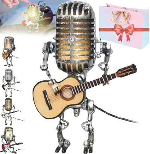 Mic Rockbot, Vueeze Mic Rockbot, Sherum Mic Rockbot, Dotmalls Mic Rockbot, Vintage Microphone Robot Desk Lamp, Holding Guitare Vintage Night Light, Metal Microphone Robot Lamp (Yellow)