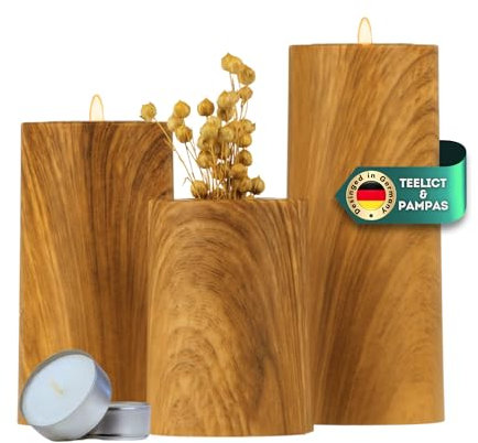 DecoValeira - 3er Set Dauerkerze (Ø 6,9 cm, H 9, 12, 15 cm) - Teelichthalter, Kerzenhalter in Kerzenoptik, Windlicht für handelsübliche Teelichter-Deko Kerzen, Tischdeko, Wohnzimmer Deko (Holz Optik)