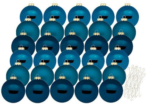 Inge Glas Weihnachtskugeln mit Haken | Schöne Christbaumkugeln aus Glas | Set 30 Kugeln und 40 Aufhänger | Christbaumschmuck Weihnachtsbaumkugeln (Deep Blue | blau)