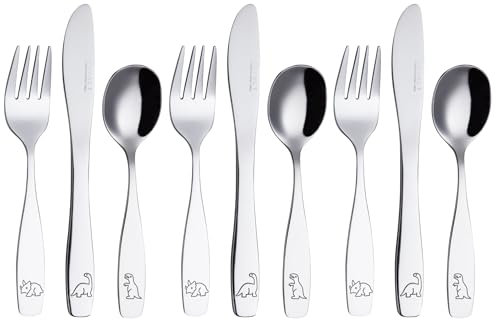 EXZACT Couverts pour enfants 9 pièces en acier inoxydable, couverts pour enfants/tout-petits, lavables au lave-vaisselle, 24 mois et plus, dinosaures