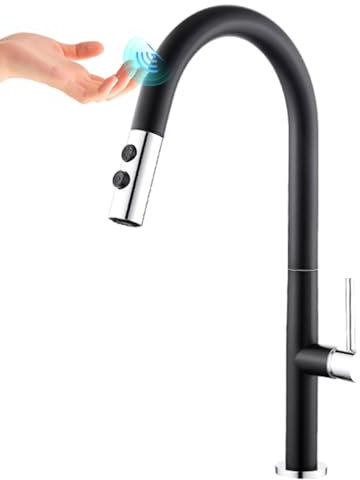 Küchenarmatur, Touch-Sensor, ausziehbarer Wasserhahn mit heißem und kaltem Wasser, mattschwarzes Finish mit Galvanik