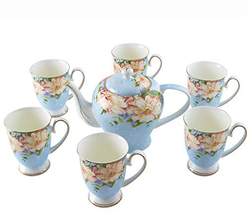 OWOHYG Tea Set Bone China Cups for Afternoon Tea and Coffee Teapot with 6 Tea Cups Large Capacity Water Cups Coffee Mugs,Green