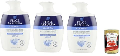 Felce Azzurra, Klassisches intimes Waschmittel für die tägliche intime Hygiene mit pH -Wert von 4,5, empfindliche Anti -Odor -Intimen -Seife, 3x 250 ml + italian Gourmet polpa 400g
