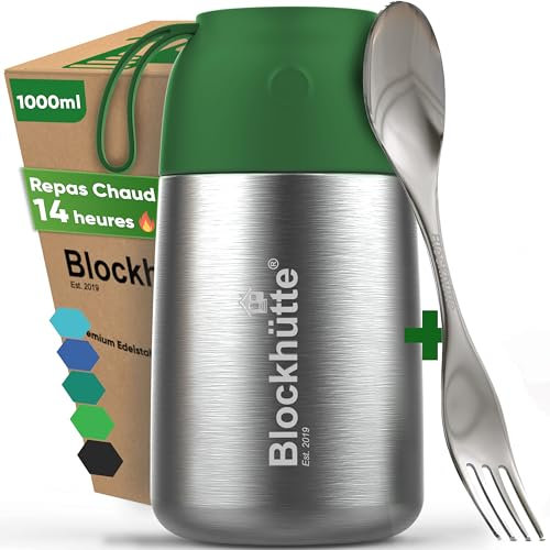 Blockhütte Food Flasks for Hot Food Adults 1L Stainless Steel | Flask for Food with Spork | Vacuum Insulated Thermal Lunch Box to Go for 14h Hot Meals, BPA Free - Dark Green