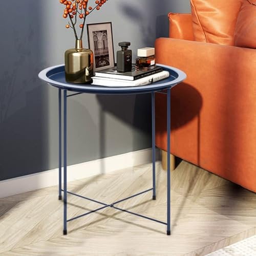 Side Table 47x50cm Round Round Tray Table with Removable Tray - Storage End Table Coffee Metal Small Garden Table for for Bedroom, Home and Office (Gray Blue)