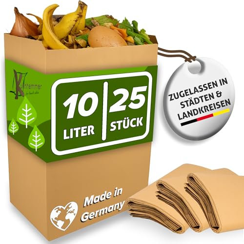 Biomüllbeutel 10L Papier - 25 Stk - Bio-Müllbeutel & Biomülltüten - zugelassen in Städten & Landkreisen - Plastikfrei - Kompostierbar & Reißfest