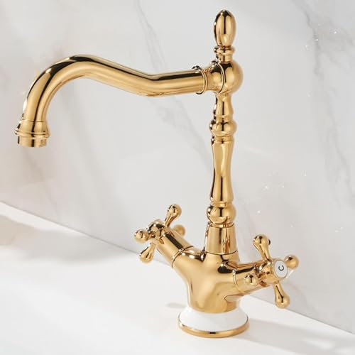 Mitigeur de Lavabo Moderne Poignée Double Croisée Pivotante à 360° En Laiton Vintage Robinet de Salle de Bains Couleur Or