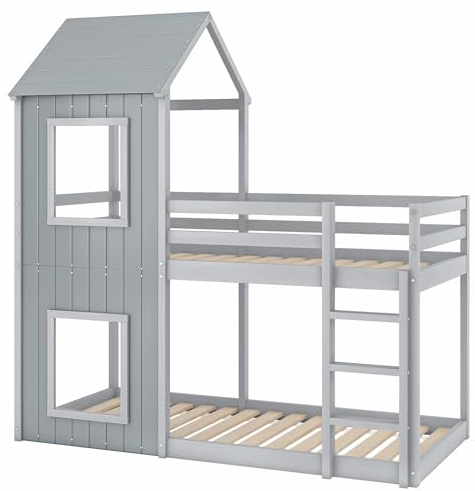 House Frame Treehouse Style Bunk Bed with Safety Ladder, Wooden Cabin Bed 3FT, Solid Pine Loft Bed Frame with Guardrails & Roof Canopy for Bedroom Indoor Play Sleep Space (Grey,Single)