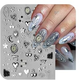 Retro Punk Silber Nagelsticker Selbstklebend Personalisiert Graffiti Schleife Kirsche Herz Mond Stern Nail Sticker Relief Metallic Unregelmäßige Linien Uhr Nagel Stickers Nageldesign Nagel Zubehör