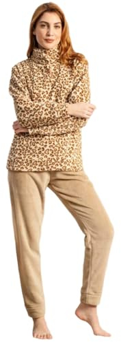 BIRIKKINA Pigiama Donna Pile Effetto Coral - Pigiama Donna Invernale Felpato Morbido (93014 Beige, S)