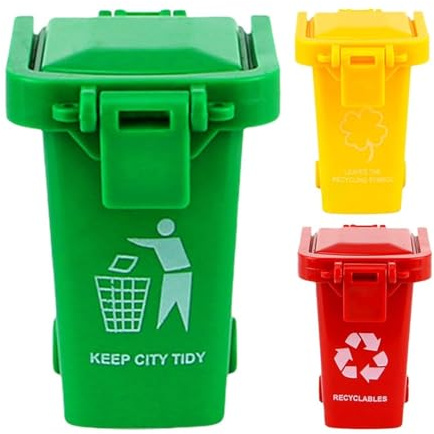 3 Pcs Colorful Tiny Recycle Bin for Desk, Garbage Trash Pen Holder, Recycle Bin Pencil Holder, Miniature Garbage Truck's Trash Cans, Unique Small Trash Can Truck Toy with Lid Wheels, Decorations