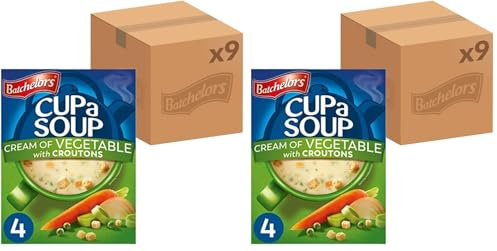 Batchelors Cup a Soup Cream Of Vegetable with Croutons Instant Soup, 4 Sachets Per 122 g Box (Total 9 Boxes : 36 Sachets) (Pack of 2)