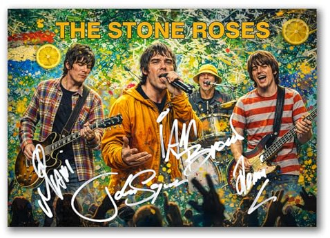 The Stone Roses Signed Poster Print - Art Styled Limited Edition Autograph Fan Gift – Collectible Memorabilia Wall Art - Madchester Legends Mani Tribute (A4 Unframed)