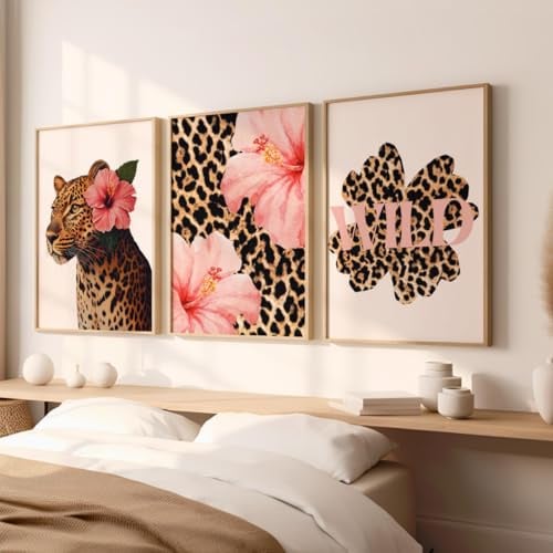 3 Tableau Leopard Chambre Affiche Decoration Murale Moderne Fleur Rose Citation Poster Mural Art Deco Impression sur Toile Chambre Salon Adulte Ado Fille Cadeau 30x40cm sans Cadre (BYCH101-30x40)