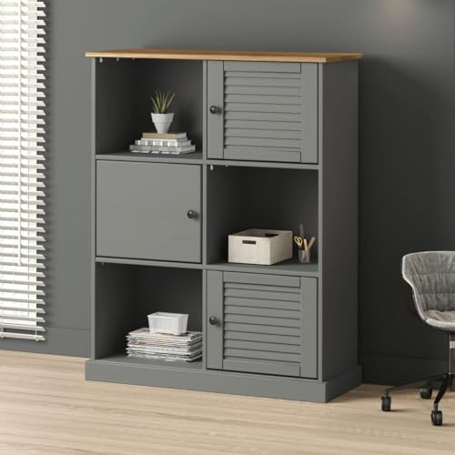 Foknhdi VIGO Bücherregal 90x35x114,5 cm aus massivem Kiefernholz in Grau mit Jalousie-Design und 6 Fächern Modernes Regal für Wohnzimmer Büro Schlafzimmer und Flur
