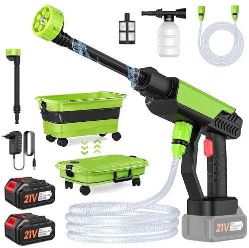 Nettoyeur Haute Pression sans Fil 6-en-1, 30Bar Pressure Washer, 24V, 2 Batteries, 6 Modes de Pulvérisation,Kit Complet avec Étui,Compatible avec Batteries18V,pour Voiture,Jardin (A)