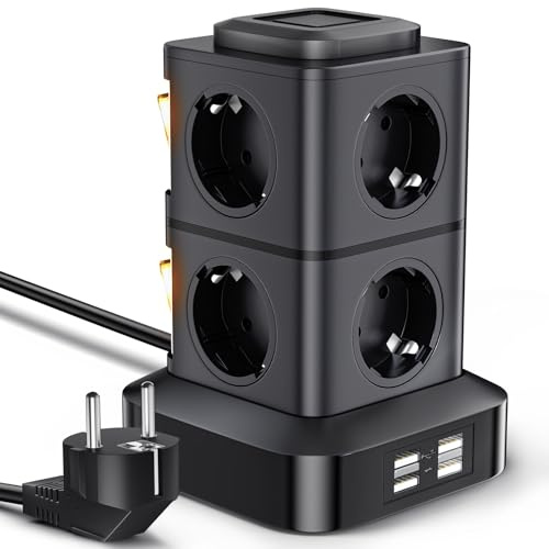 Torre Regletas Enchufes 8 Tomas de AC y 4 Regleta USB Enchufe Multiple | Regletas Vertical 2500W/10A 3 Metro Regleta Enchufes Proteccion Sobretension con 2 Interruptores para Casa, Mesa, Oficina