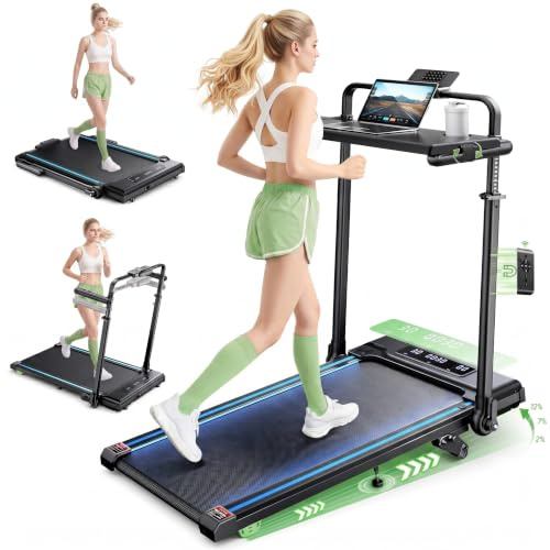 RUNIMON 3.0HP Treadmill with Handle and 2%-7%-12% Incline, 6 in 1 Walking Pad Folding Treadmills for Home Foldable with 1-12KM/H, RGB Lights,LED Display,Magnetic Remote&APP Control