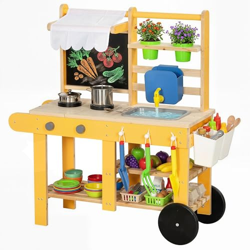 AIYAPLAY Cucina Giocattolo per Bambini, Cucina in Legno per Bambini con 2 Portavasi, Ruote, Fornello, Lavagna, Lavandino, Ripiano e 15 Accessori, 3+ Anni