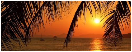 Wallario Küchenrückwand selbstklebend 115 x 50 cm, Motiv: Sonnenuntergang unter Palmenblättern | Spritzschutz abwischbar & pflegeleicht
