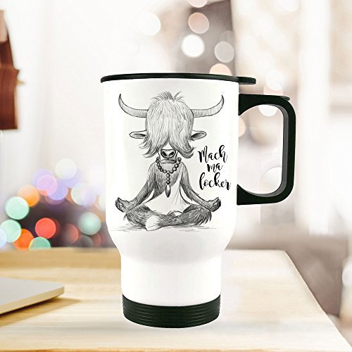 ilka parey wandtattoo-welt® Thermobecher Thermotasse Thermosflasche Becher Tasse Kaffeebecher Yak Büffel mit Spruch mach ma locker tb073