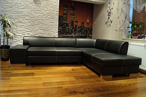 Quattro Meble Echtleder Ecksofa London II 275 x 200 Sofa Couch mit Bettfunktion und Bettkasten Schwarz Echt Leder mit Ziernaht Eck Couch große Farbauswahl