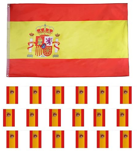 Spain Flag Bunting and Flag Set - Spanish - All Weather Bunting Approx 10m 30ft - 20 Flag - Large Flag with Grommets Approx 5 Ft x 3 Ft - Football, Rugby Events - Parties - Outdoor Sporting Events
