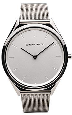 BERING 17039-000 Reloj de cuarzo unisex con caja de acero inoxidable plateado de 39 mm y esfera plateada, correa milanesa, cristal de zafiro y resistencia al agua de 3 ATM
