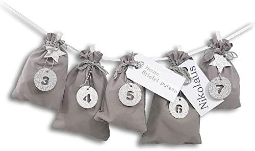 Frau WUNDERVoll® Stoff Adventskalender zum Befüllen Schneeflöckchen grau Stoffbeutel, Ziffern silber/Weihnachten Beutel Säcke Säckchen Stoffsack Baumwolle Geschenkbeutel kinder Kinderadventskalender