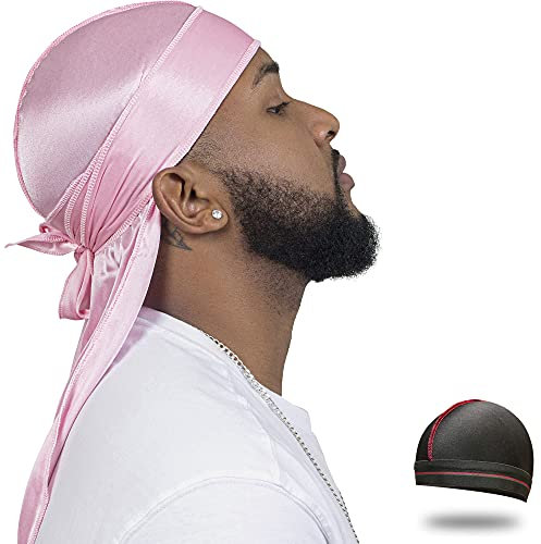 Silky Durag for Men Wave Cap Satin Dorag for Men Women 360 Wave Pink
