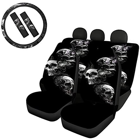 Poceacles Vordere und hintere Autositzbezüge mit Lenkradbezug & Auto-Sicherheitsgurtpolster, Universelles Totenkopf-Druck,Sitzbezüge, komplettes Set, 7-teiliges Set für SUVs, Limousinen, Vans, LKWs