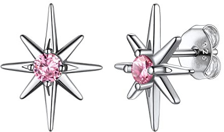 Suplight Argent 925/1000 Boucles d'oreilles étoile en Pierre de Naissance en zircone Ronde à Quatre Griffes Octobre Rose Tourmaline Blanc
