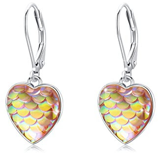 Herz Sterling Silber Meerjungfrau Ohrringe Hängend mit Leverback und Brisur - Orange Herz für Mädchen, Damen und Kinder