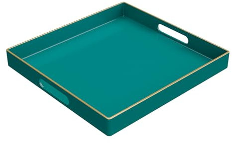 MAONAME Decorative Green Serving Tray With Handles, Square Plastic Coffee Table Tray for Ottoman, Bathroom, Kitchen, 13x13x1.57
