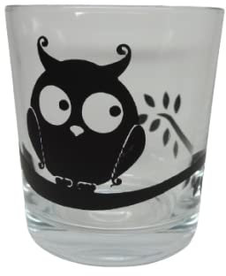Lichtidee Teelicht Glas Windlicht Tischlicht Print mit Eule auf AST schwarz Handmade Unikat Ostern Muttertaggeschenk, Höhe 8cm,