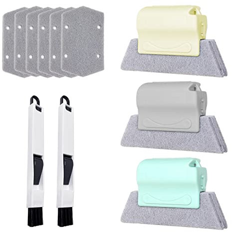 Set mit 3 Reinigungsbürsten für Fensterschlitze (Meterware, Grau, Grün) und 6 Ersatzpads, 2 kleine schwarze Bürsten, Handreinigungsbürste für Türschiene, schnelles Reinigen.