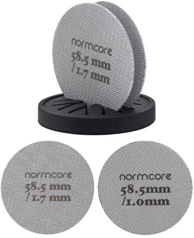Normcore Puck-Sieb, 2 Stück, 58,5 mm, mit Ständer, wiederverwendbares Kontakt-Duschsieb mit Silikonhalter, 1,7 mm/1,0 mm Dicke kompatibel mit Espressomaschine mit 58 mm großem Siebträgerkorb